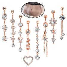 5-9PCS 14G CZ Dangle Belly Button Ring Surgical Steel Navel Barbell Piercing Set