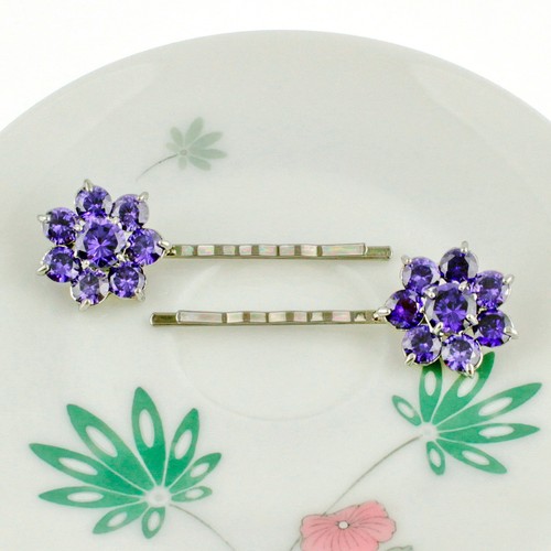 2pcs Daisy Purple CZ Cubic Zirconia Crystal Hair Barrette Clips Bobby Pins B169p - Picture 2 of 3