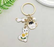 Key Ring Cartoon White Cats Charm Keychain Enamel Alloy Backpack Purse Bag Car