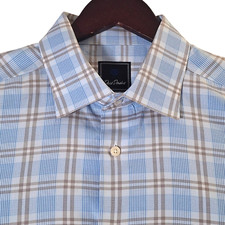 David Donahue Trim Plaid Dress Shirt Men's 17 34/35 Blue Brown Check Button Up