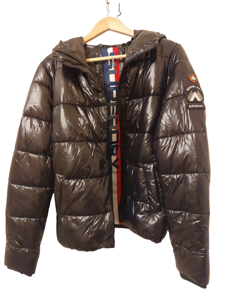 BLACK Superdry Womens High Shine Toya Puffer Jacket Hooded UK 10