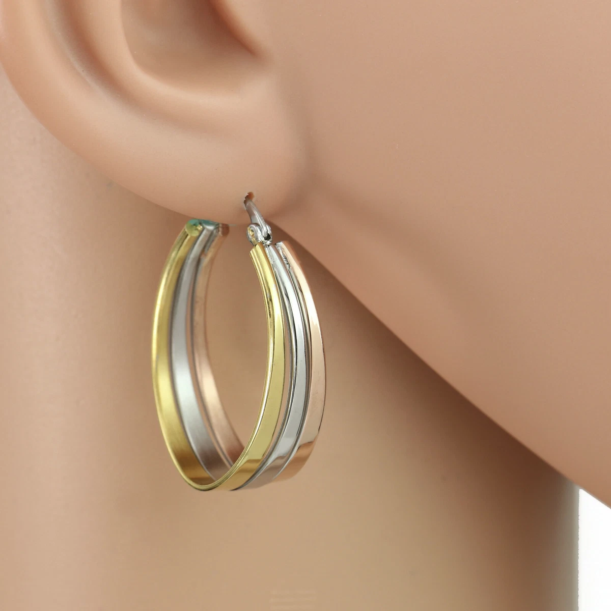 Polished Tri Color Silver Gold Rose Tone Hoop Earrings