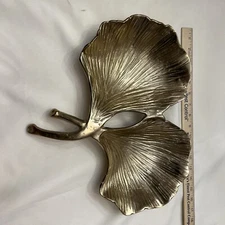 2 section Leaf shape serving tray dish Gold color 15.5” Width