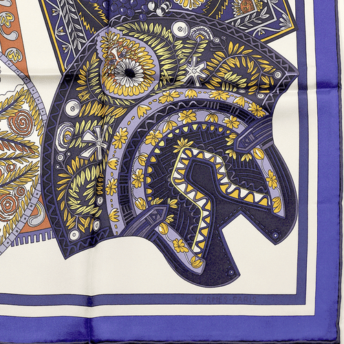 Hermes Scarf TAPIS DE SELLE 90cm Silk Carre Foulard Blue ANNIE FAIVRE - Bild 3 von 7