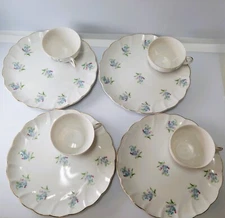 4 Sets Vintage Japan Snack Plate and Cup Scalloped Edge Blue Floral Gold Trim