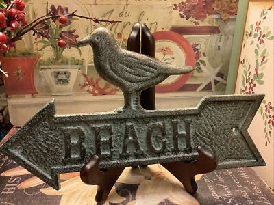 Cast Iron Sign~Arrow~w/ BEACH ~w/Bird On Top~Verdigris Finish~11 L X 6.25 H~NEW