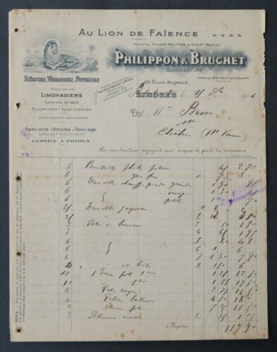 Facture 1916 AU LION DE PORCELAINE PHILIPPON BRUCHET LIMOGES entête illustrée 50 - Photo 1 sur 1