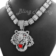 Hip Hop Silver PT Tiger Large Pendant & 16" 18" Full Iced Choker Chain Necklace