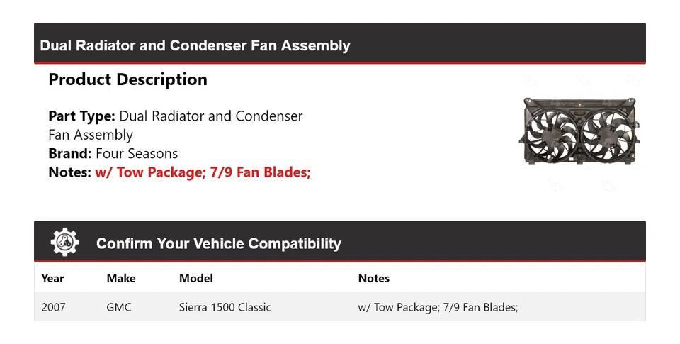 For 2007 GMC Sierra 1500 Classic Dual Radiator Condenser Fan Assy 4 Season - Image 2 of 4