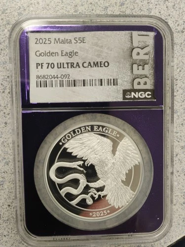 2025 Malta S5E Golden Eagle MS 70 Ultra Cameo Bert Purple Core