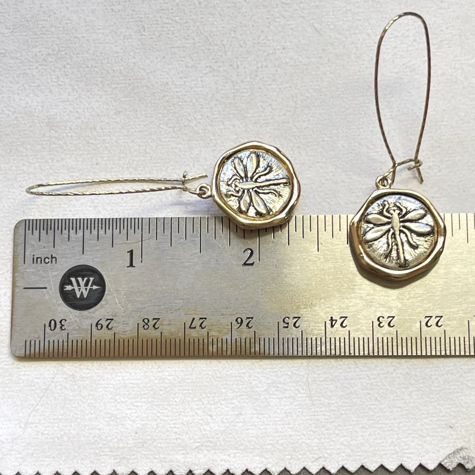 Dragonfly Long Dangle Gold & Silver Tone Earrings Crystal Accents - Image 3 of 3