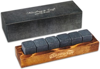 Mixology Craft Whiskey Stones Set of 6 Cube Granite Chilling Rocks Wood Tray NEW