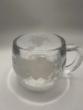 Vtg 2 Nestle Nescafé World Globe Mugs Etched & Frosted Glass Coffee Cup 1980’sA9