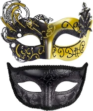 SIQUK Couple Masquerade Masks Metal Venetian Party Mask Swan Black & Gold
