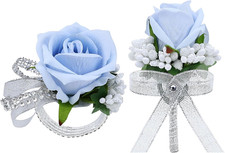 2Pcs Light Blue Rose Corsage and Men Boutonniere Set Women Wristlet Band Wrist B