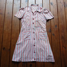 Vintage antique 30's size L white, red, blue stripe button cotton house dress