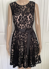 Betsy Adam 6 Black Lace Ribbon Tie Belt Satin Trim Sleeveless Cocktail Dress