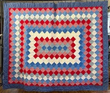 Vintage Handmade Red, White Blue Americana Trip Around the World Quilt w/80x64