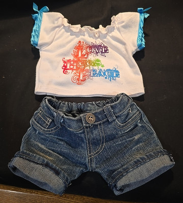 Build a Bear Rainbow LOVE HUGS PEACE Shirt Top Outfit Clothes 2pc. Short Set
