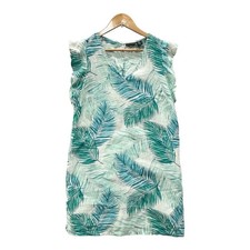 Tahari Womens S Linen Tropical Palm Print Ruffle Sleeve V-Neck Shift Dress Teal