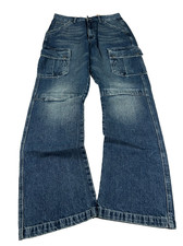 Mens Vintage Blue Denim Cargo Jeans Utility Multi Pocket Baggy Y2K Skate Pants