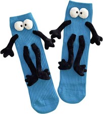 Funny Kids Holding Hands  Feet Socks, Magnetic Mid-Tube 1-12 Years, Blue