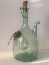 Vintage 70s Italian Green Hand Blown Glass Wine Decanter Ice Chamber Bottle Jug