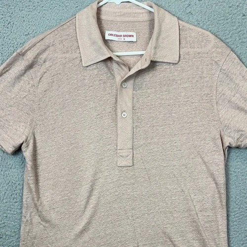 Orlebar Brown Linen Polo Shirt Mens Medium Sebastian Tan Knit Casual Rugby EUC