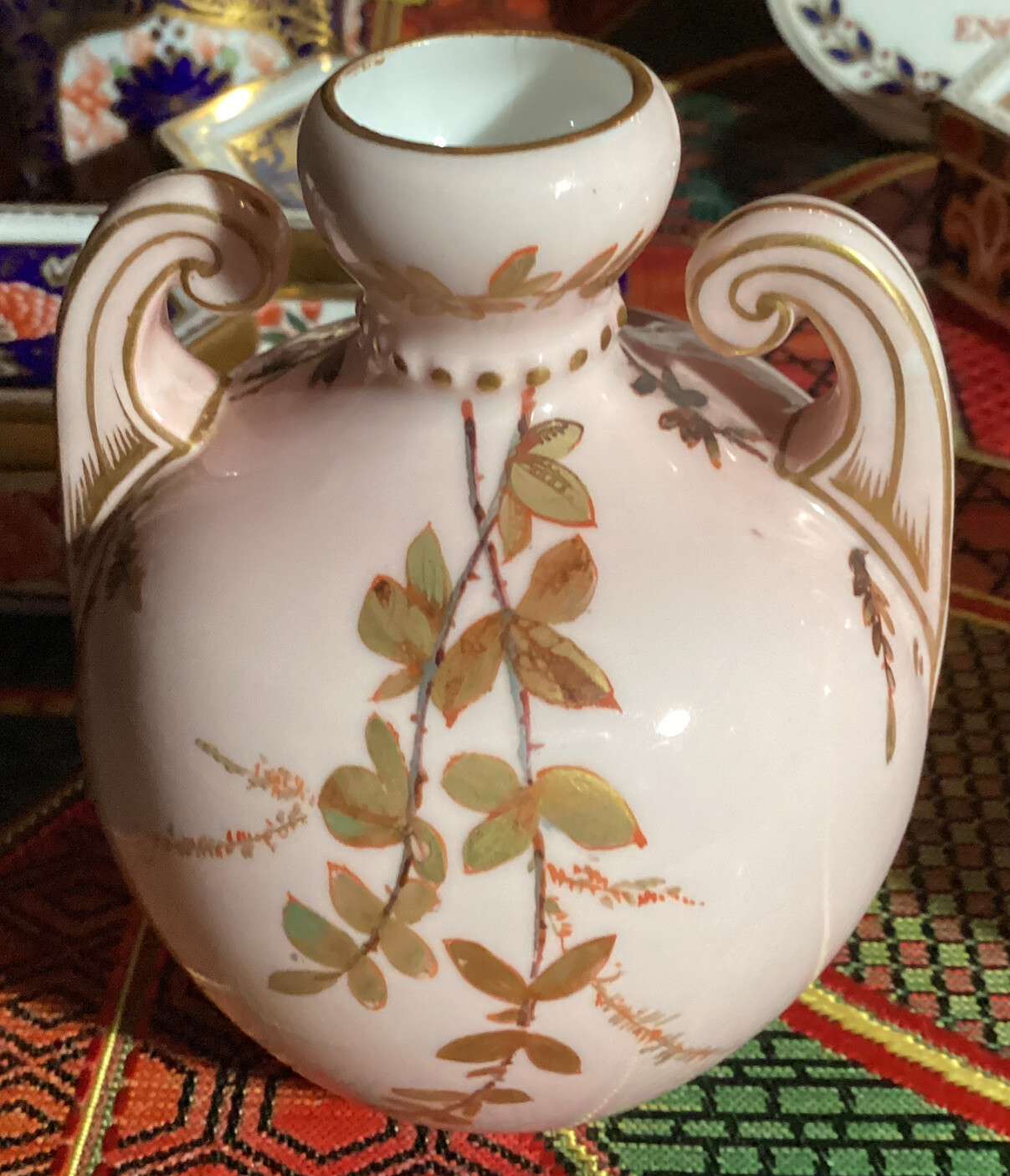 Royal Crown Derby Pair Antique 18771890 Pink, Red & Gold Vases 1139