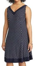 Womens Dress Chaps Plus Blue Polka Dot Fit & Flare Sleeveless Jersey $110-sz 22W