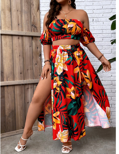SHEIN Curve Plus 1X Zweiteiler Maxirock Crop Top Set Tropical Flower Print Rot - Bild 1 von 10