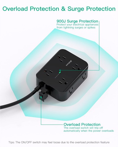 Power Strip Surge Protector - Flat Plug Wall Mount 8 Wide Outlets with 4 USB P - Picture 6 of 8