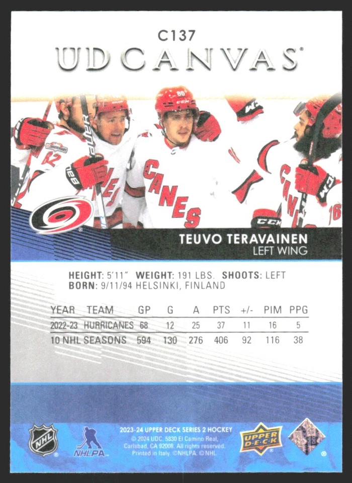 2023-24 Upper Deck UD Canvas Teuvo Teravainen #C137 JW1 - Image 2 of 2