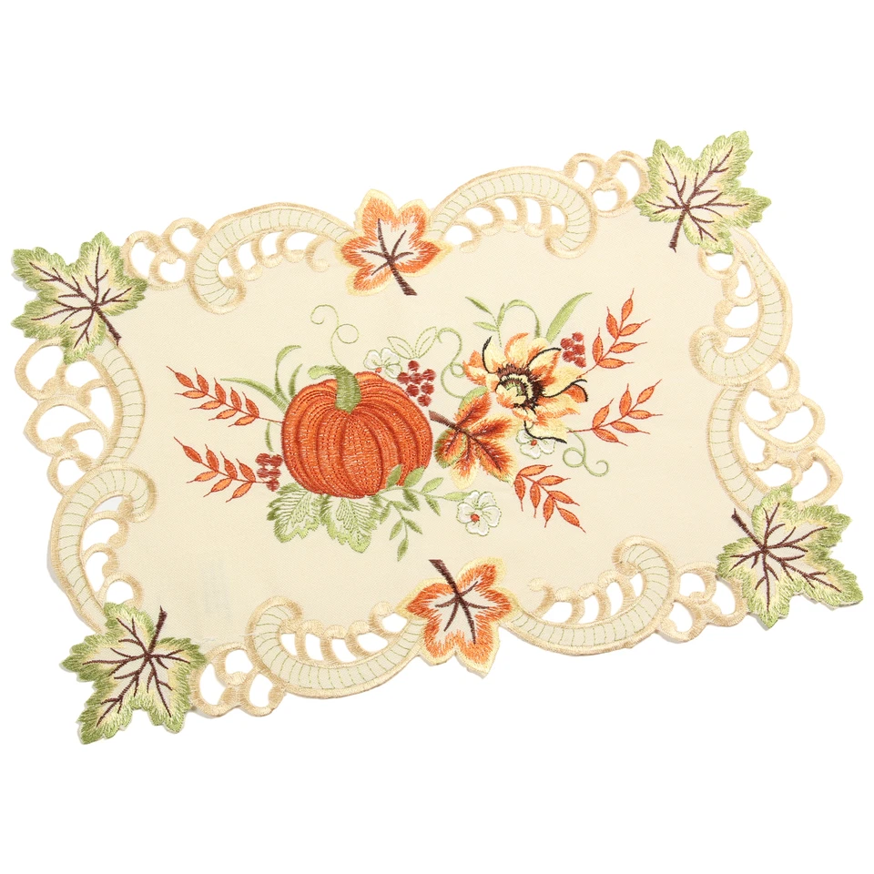 Kürbis Sonnenblume Stickerei Tischdecke Tischläufer Deckchen Leinen-Optik Creme