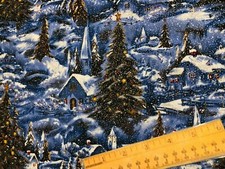 FQ Glitter Snow winter Holiday Christmas outdoor Scene Cotton Fabric Fat Quarter