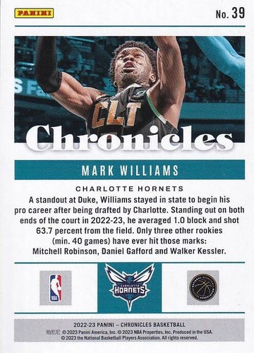 2022-23 Panini Chronicles - Chronicles #39 Mark Williams (RC) - Hornets - Picture 2 of 2