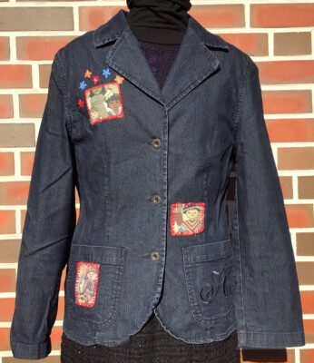 H.I.S Blazer Jacke Jeansjacke Gr. M Dunkelblau Stickerei Damen TOP