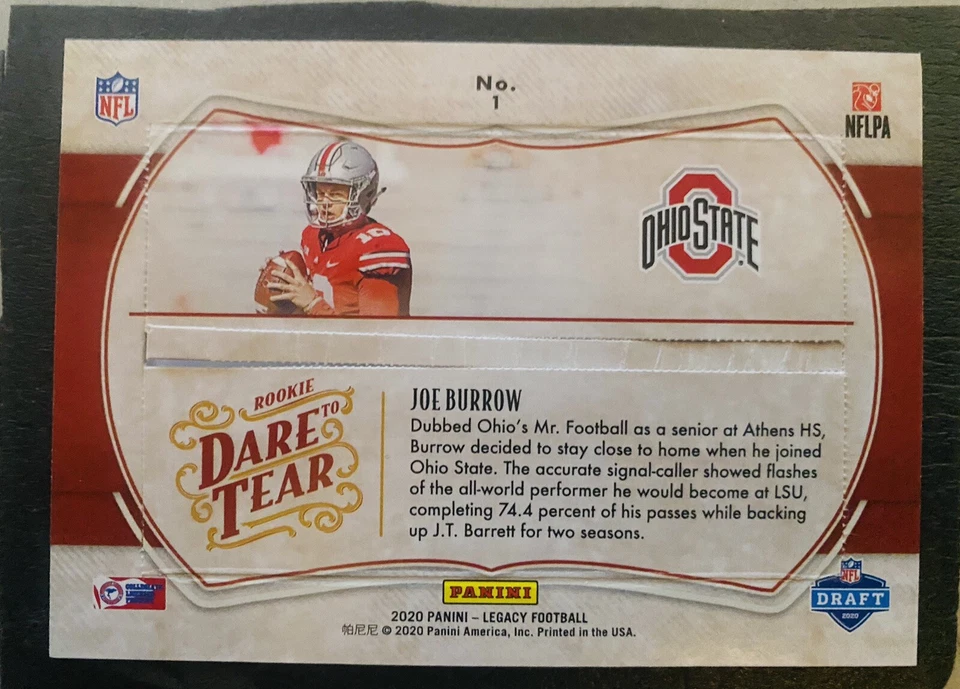 2020 PANINI LEGACY JOE BURROW RC DARE TO TEAR RIP CARD /50 (RIPPED) - Image 2 of 2