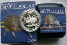 Nowa Zelandia Kiwi ROWI 2005 PP Proof 1Oz Srebro 999/1000 1Dollar z certyfikatem + pudełko!!!