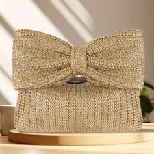 Khaki Crochet Beach Handbag With Bow Straw Evening Bag Party Wedding Bag Cruise