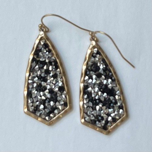 NEW Boutique Black Silver Gold Glitter Stone Dangle Sparkle Fish Hook Earrings - Picture 2 of 2