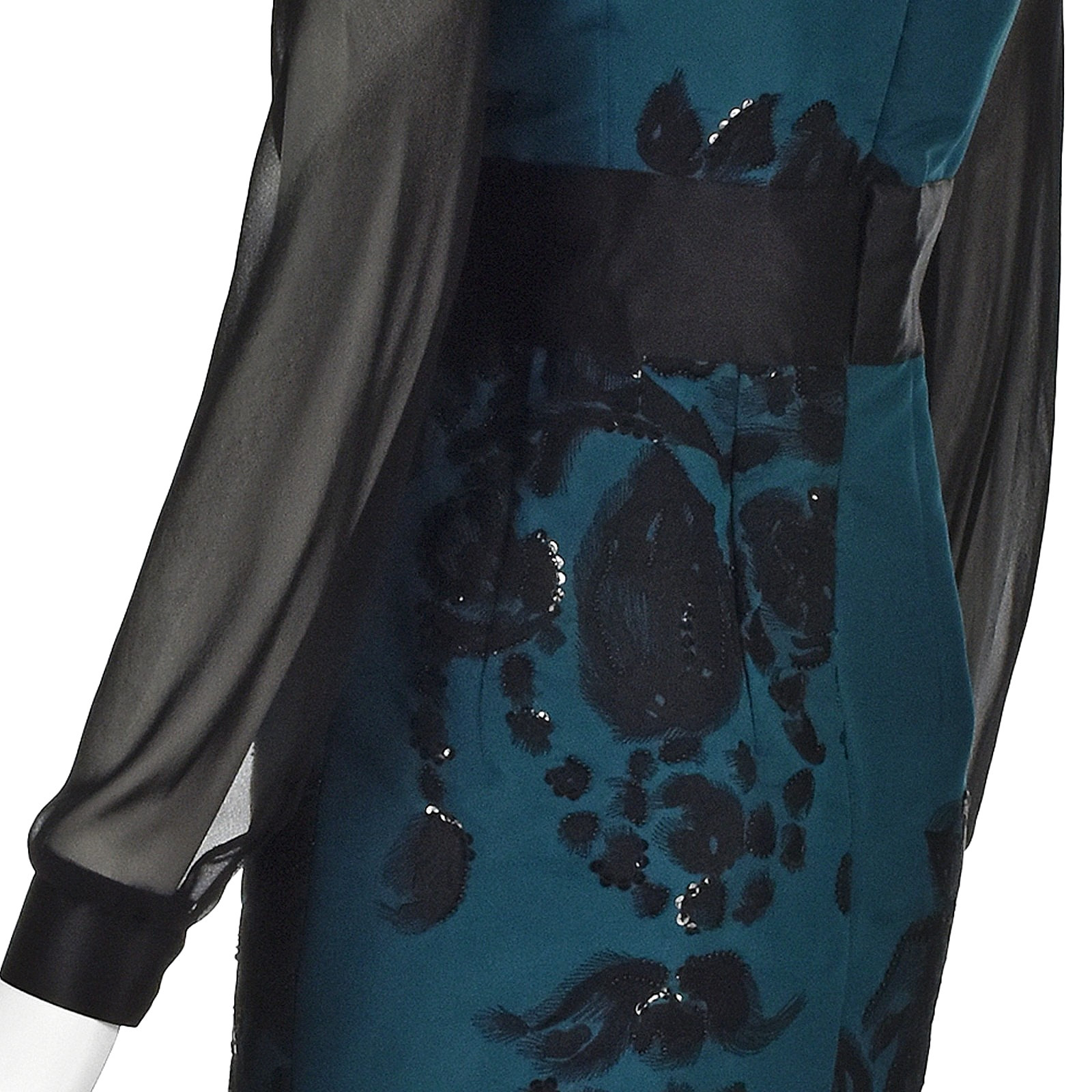 OSCAR DE LA RENTA Teal Silk Embroidered Dress w/Sheer Chiffon Sleeves F2012 SZ 8