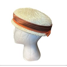 Vintage 1960s Raffia Pillbox Hat Cream Straw Burnt Orange Satin Band Size 23