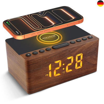 ANJANK Holz Digitaler Radiowecker mit Kabelloser Ladestation, Qi Fast Wireless