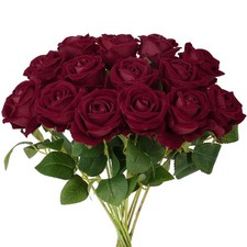 14PCS Burgundy Roses, Burgundy Roses Artificial Flowers, Velvet Silk Rose Bo