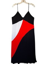 ZARA RED BLACK WHITE COLORBLOCK V NECK STRETCH MIDI DRESS L / LARGE