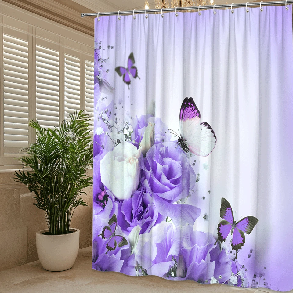 Cortina de Ducha Flor Mariposa Púrpura, Floral Romántico, Rosa Lavanda Foto 4 de 4
