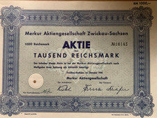 Merkur AG Zwickau Sachsen alte Aktie Wertpapier &uuml;ber 1000 RM 1941