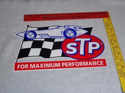 VINTAGE STP OIL ADDITIVE + RACE CAR & FLAG 12" METAL DIE-CUT GASOLINE SIGN S T P