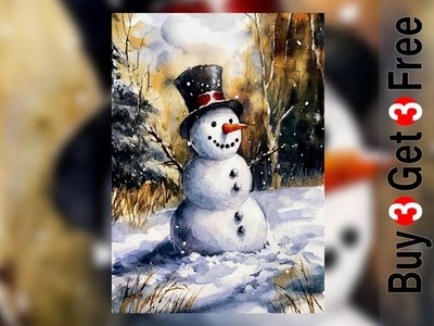 Sanfter Schneemann Winterszene 5''x7'' Druck auf mattem Papier | Gemütliche saisonale Kunst